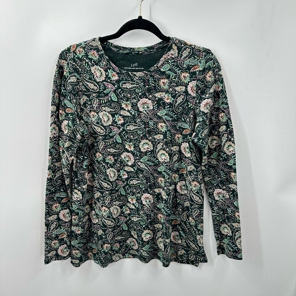 J Jill high neck green paisley cottagecore boho long sleeve cotton woman tee S - Picture 2 of 12